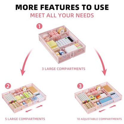 Marbrasse Expandable Desk Drawer Organizer, Mesh Tray with 10 Adjustable Compartments, Desk Organizers for Office Supplies, Makeup & Vanity (Expandable-Pink) - color: Expandable-Pink