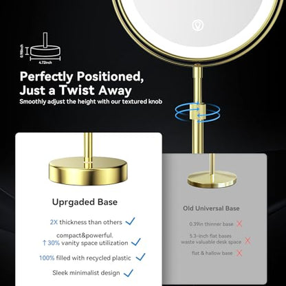Nicesail 8" Rechargeable LED Magnifying Makeup Mirror, Shiny Gold 1X 10X | 3 Color Lights, 10X Magnification, Height Adjustable Stand up Lighted Magnifying Mirror, Double Sided 360° Rotation - color: Shiny Gold