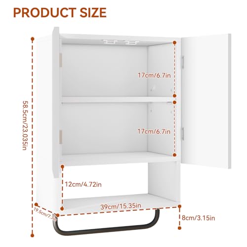 IBUYKE Bathroom Wall Cabinet Over Toilet Cabinet for Bathroom UWBS003W | with Doors and Adjustable Shelf, Towel Bar, Wall Mounted, for Laundry Room & Living Room Kitchen, White,Modern - color: White