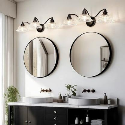 Redluck 3-Light Modern Bathroom Light Fixtures, Black Vanity Lights | Flower Glass Shade, Easy to Install, Rustproof Finish Wall Sconces Lighting for Bathroom Mirror, Living Room, Metal - color: Black