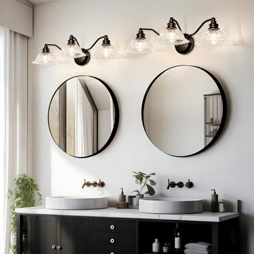 Redluck 3-Light Modern Bathroom Light Fixtures, Black Vanity Lights | Flower Glass Shade, Easy to Install, Rustproof Finish Wall Sconces Lighting for Bathroom Mirror, Living Room, Metal - color: Black