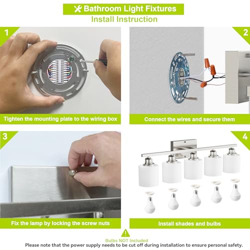 5-Light Bathroom Light Fixture, Brushed Nickel Vanity Lights Over Mirror, Anti-Rust, White Glass Shades, E26 Base, Bulb Not Included - color: Brushed Nickel-5 Light