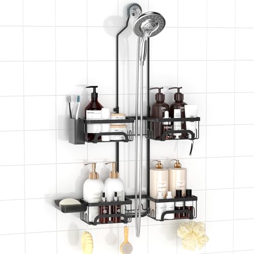 REINHARDT Split Shower Caddy Hanging for Handheld Showerheads, Black | Adjustable Shower Organizer, Rustproof, 16 Hooks, Soap Holder, 40lbs Capacity, Anti-Slip, Tool-Free, Bathroom Accessories - color: Black