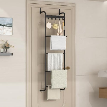 5 Tier Over The Door Towel Racks for Bathroom Wet Towel Drying Rack Clothing Storage Holder with Hooks (Black, 5 Tier) - color: Black
