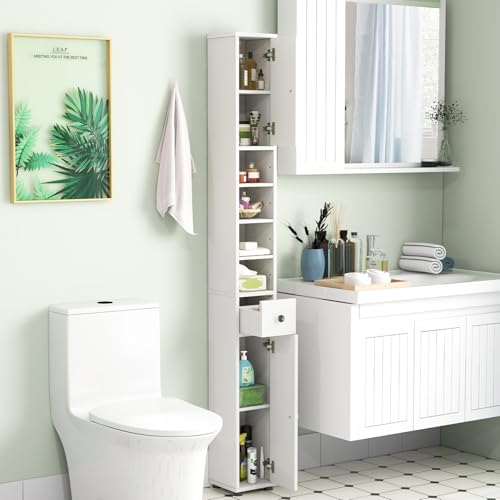 Tall Bathroom Storage Cabinet, 71’’ Slim Linen Tower Organizer with 2 Doors, 5 Adjustable Shelves & 1 Drawer, Narrow Floor Freestanding Bathroom Cabinet for Small Spaces (White)