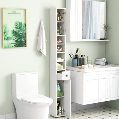 Tall Bathroom Storage Cabinet, 71’’ Slim Linen Tower Organizer with 2 Doors, 5 Adjustable Shelves & 1 Drawer, Narrow Floor Freestanding Bathroom Cabinet for Small Spaces (White)