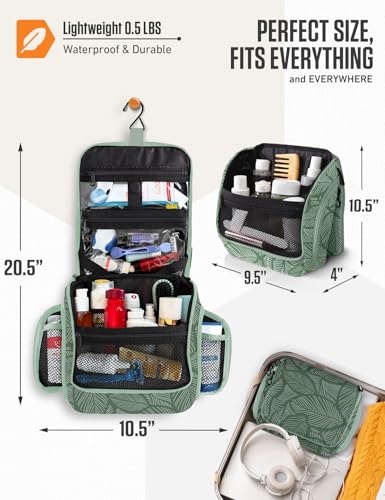 VENTURE 4TH Hanging Travel Toiletry Bag, 17 Compartments - Green Leaves | Hangs on rails, hooks or doors; stands upright too. Removable TSA pouch. Water-resistant 900D Nylon, reinforced stitching. - color: Green Leaves