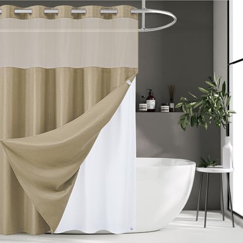 Furlinic Extra Long Waffle Weave No Hook Shower Curtain with Snap in Liner,Heavy Duty Textured Fabric Bathroom Curtains,Hotel Style with Mesh Top Window,Waterproof & Machine Washable,Beige,71x96 - color: Beige, size: 71"W x 96"L (Pack of 1)