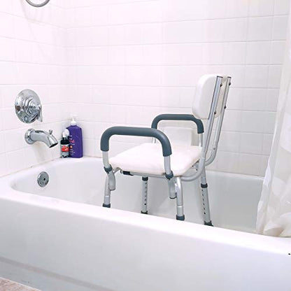 Deluxe Armed Shower & Bath Chair with Back & Arms, Snap On Tool Free Assembly, Lightweight & Seat Height Adjustable, Great for Travel (Bench with Back)