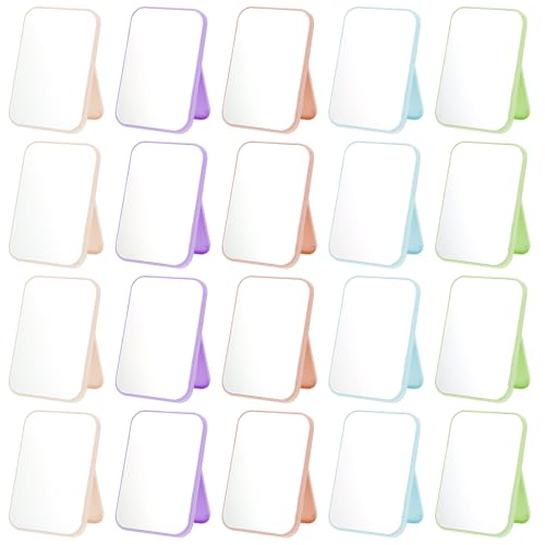 20 Pcs Spa Party Mirrors for Women, Makeup Mirrors with Foldable Stand, Tabletop Vanity Mirrors Bulk, Slumber Birthday Party Favors, Sleepover Accessories and Gifts (Purple Green Pink Blue Beige)