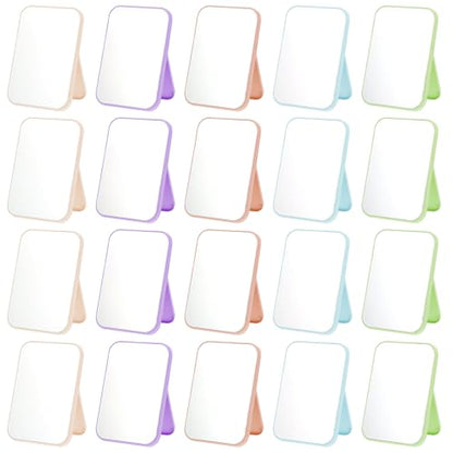 20 Pcs Spa Party Mirrors for Women, Makeup Mirrors with Foldable Stand, Tabletop Vanity Mirrors Bulk, Slumber Birthday Party Favors, Sleepover Accessories and Gifts (Purple Green Pink Blue Beige)