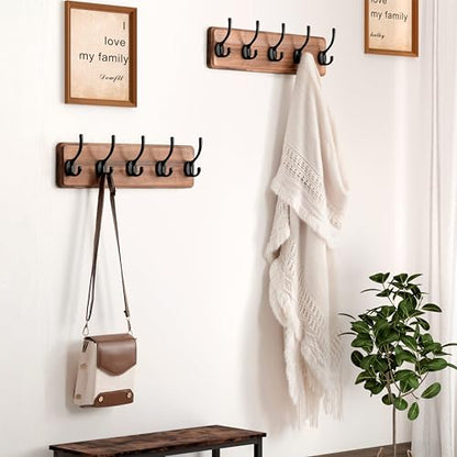 Wall Mounted Coat Rack: Patented, Heavy-Duty, 17.4" Long 5-Double-Hooks Wooden Hanger Rail for Winter Coats, Hat, Jacket, Clothing - Natural & Black - color: Natural & Black, size: L=17.4" (1pcs)