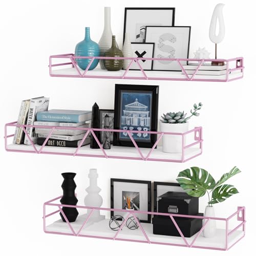Floating Shelves Set of 3, Wood Wall Shelf, Farmhouse Shelf for Bedroom | Wall Mounted Floating Shelf for Living Room, Bedroom, Bathroom, Kitchen, Office - color: Pink