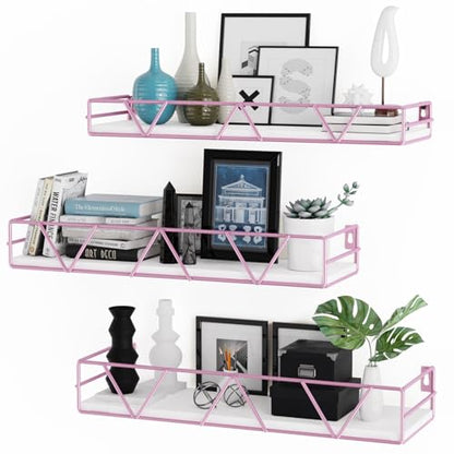 Floating Shelves Set of 3, Wood Wall Shelf, Farmhouse Shelf for Bedroom | Wall Mounted Floating Shelf for Living Room, Bedroom, Bathroom, Kitchen, Office - color: Pink