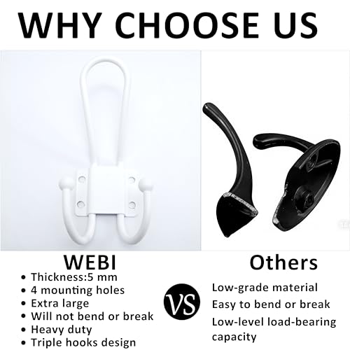 WEBI Coat Hooks Wall Mount,5 mm Thick,10 Large Triple Hooks,Heavy Duty Metal Backpack Wall Hooks for Hanging Clothes,Robe,Towel,Closet,Farmhouse,Mudroom,White - color: White