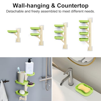 Soap Holder Four Layer Wall Mounted NO-Drilling Rotatable Self-draining Removable Soap Dish for Shower Bathroom Tray,Self Draining Sponge Holder,Razor Holder (Green/Ecru) - color: Green/Ecru