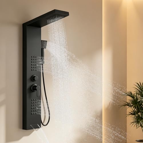 ROVATE Shower Panel Tower System with Rainfall Shower Head, Matte Black | Shower Tower with Powerful Body Jets, Handheld Shower and Tub Spout, Stainless Steel Shower Column Black High Pressure - style: 4 Modes-Matte Black-2 Jets