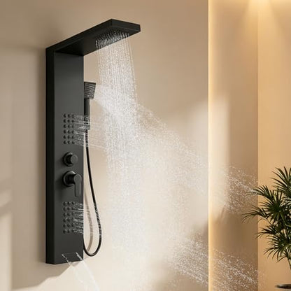 ROVATE Shower Panel Tower System with Rainfall Shower Head, Matte Black | Shower Tower with Powerful Body Jets, Handheld Shower and Tub Spout, Stainless Steel Shower Column Black High Pressure - style: 4 Modes-Matte Black-2 Jets