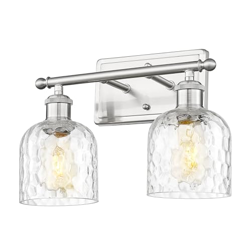 zeyu 14 Inch Modern Vanity Lighting Fixtures, 2 Light Bathroom Vanity Light for Mirror Bedroom, Brushed Nickel Finish with Clear Hammered Glass, ZJF63B-2W BN - color: Brushed Nickel|Hammered Glass, size: 2-Light