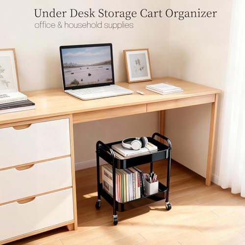 2 Tier Metal Rolling Utility Cart with Wheels Under Desk Storage Cart with Handle, Roll Around Organizer Trolley for Small Space Pantry Bathroom Home Kitchen Office Snack Baby Supplies, Black - color: Black