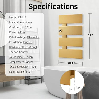 P&Dlusir X Series Heated Towel Rack, 4 Panel, Gold | Thermo Control and Timer (1-24h, On), Fast Heating and Drying, smart plug Compatible, Memory Function - color: Gold, size: 4 Panel