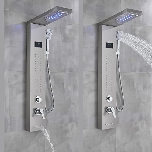 LED Light Shower Panel Tower Rainfall Waterfall Shower Head with Massager Jets Body System Jet Black B (Color : Brushed Nickel B) - color: Brushed Nickel B