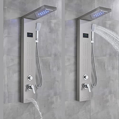 LED Light Shower Panel Tower Rainfall Waterfall Shower Head with Massager Jets Body System Jet Black B (Color : Brushed Nickel B) - color: Brushed Nickel B