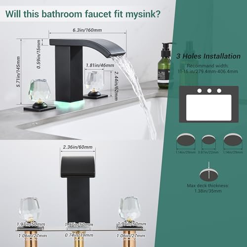 Bathroom faucets 3 Hole Widespread Modern Bathroom Sink Faucet 8 inch Matte Black Bathroom 3 Hole LED Light Waterfall Vanity Faucet Sink with Pop Up Drain (Matte Black) - color: Matte Black