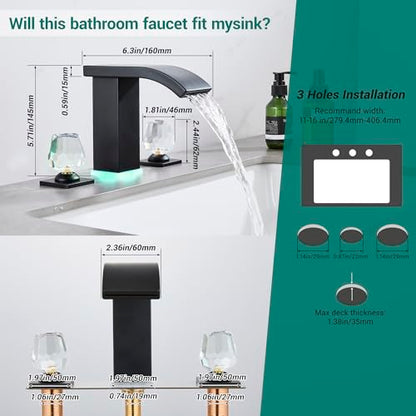 Bathroom faucets 3 Hole Widespread Modern Bathroom Sink Faucet 8 inch Matte Black Bathroom 3 Hole LED Light Waterfall Vanity Faucet Sink with Pop Up Drain (Matte Black) - color: Matte Black