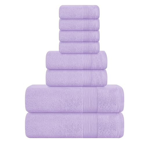 8 Piece Towel Set 100% Ring Spun Cotton, 2 Bath Towels 27x54, 2 Hand Towels 16x28 and 4 Washcloths 13x13 - Ultra Soft Highly Absorbent Machine Washable Hotel Spa Quality - Purple - color: Purple, size: 8 Piece Towel Set