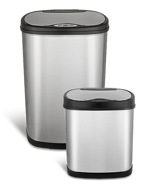 Ninestars Two-Piece Automatic Trash Can Combo Set, 13 Gal (50L) & 3 Gal (12L) Touchless Motion Sensor Garbage Cans with Odor-Sealing Lids, Matching Oval Stainless Steel, Black Trim