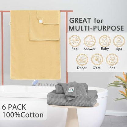 VOOVA & MOVAS 6PC Towel Set, 100% Cotton, Grey Yellow | 2 Large Bath 30x56 In, 2 Hand 18x28 In, 2 Washcloths 13x13 In, Soft, Quick Dry, Thick, Bath Towels With Hanging Loop - color: Gray + Yellow Mixed, size: 6 PC Bathroom Towel Set