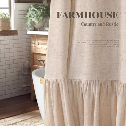 Farmhouse Shower Curtain Ruffle Linen Beige 54" W x 72" L | Linen Fabric, Farmhouse Boho, Bottom Ruffle, Rustic, Country, Natural Look, Washable, Shower Curtain for Bathroom Bathtub - color: Beige, size: 54"W x 72"L