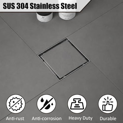 Tile-in Square Shower Drain 6 Inch with Hair Strainer, Brushed | SUS 304 Stainless Steel, Removable Grate & Hair Strainer Design, for Bathroom, Kitchen, Balcony, Garage, Basement, Toilet - color: Brushed Stainless Steel, size: 6-Inch