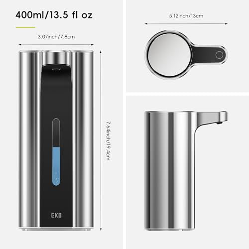 EKO Aroma Pro 13.5 fl oz Touchless Automatic Liquid Soap Dispenser, Rechargeable Hand & Dish Soap Dispenser for Bathroom and Kitchen, Waterproof, Adjustable Volume Control (Chrome Metallic) - color: Chrome Metallic, size: 13.5 oz (Premium Wireless Chargin
