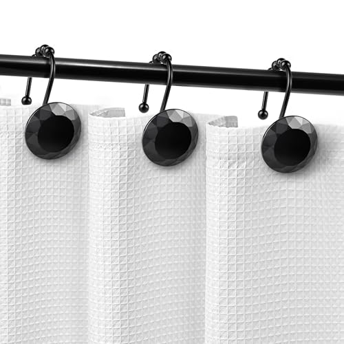 Sunlit Luxury Design Round Black Diamond Crystal Gem Bling with Glide Balls Shower Curtain Hooks with Black Hooks, Rust Proof Metal Rhinestones Glam Decorative Shower Curtain Rings, Set of 12 - color: Black With Black Hooks
