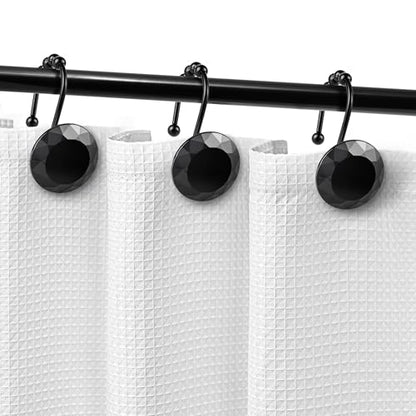 Sunlit Luxury Design Round Black Diamond Crystal Gem Bling with Glide Balls Shower Curtain Hooks with Black Hooks, Rust Proof Metal Rhinestones Glam Decorative Shower Curtain Rings, Set of 12 - color: Black With Black Hooks
