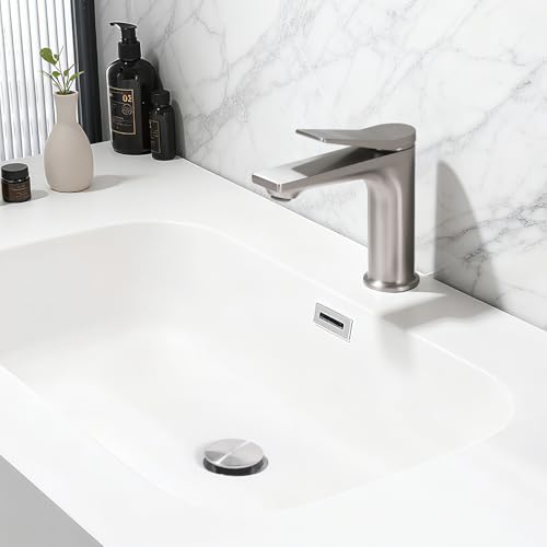 Rbrohant Single Hole Bathroom Faucet, Brushed Nickel Single Handle Bathroom Sink Faucets for 1 Hole, Bathroom Vanity Faucet with Pop up Drain, Deck Mount, R2001-BN - color: Brushed Nickel, style: No Escutcheon