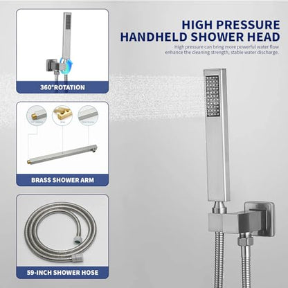 BWE 12 Inch Brushed Nickel 2-Faction Wall Mounted Bathroom Shower System | Brass and Stainless Steel,Rainfall Shower Head,Handheld Shower Head,Pressure Balance Valve,Escutcheon Plate,Hotel,Bath Center - color: Brushed Nickel, size: 12 Inch