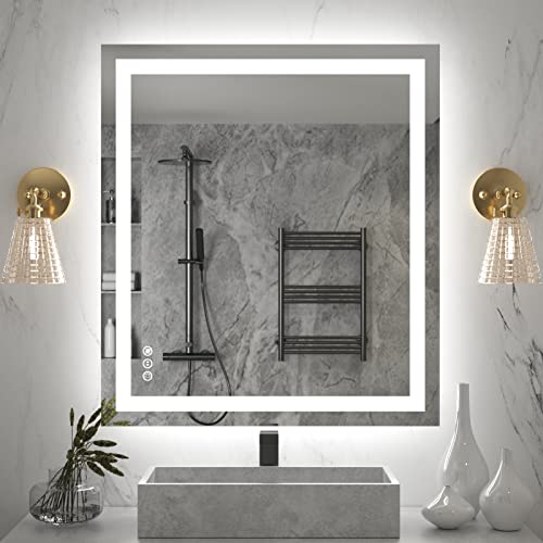Amorho LED Bathroom Mirror 36"X32" with Front Light and Backlit | Stepless Dimmable, Anti-Fog, Shatter-Proof, HD Reflection, Memory, 3 Colors Lighting, UL Listed (Horizontal/Vertical). - color: Front and Backlit, size: 36"L x 32"W