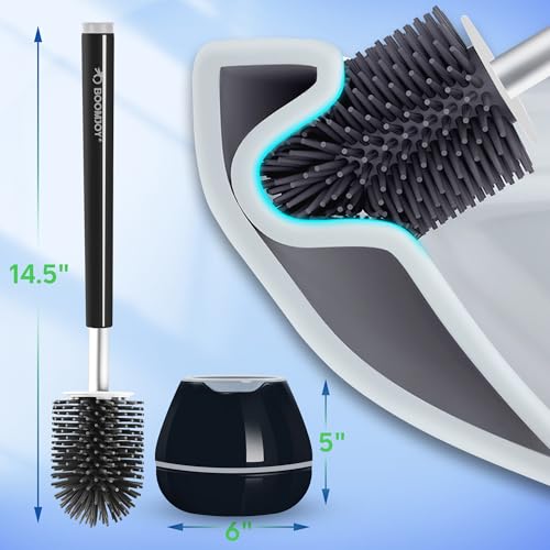 BOOMJOY Toilet Brush and Holder Set, Black Silicone Toilet Bowl Cleaner Brush, Toilet Scrubber Brush with Tweezers for Bathroom Cleaning, RV Accessories and House Organization Must-Haves