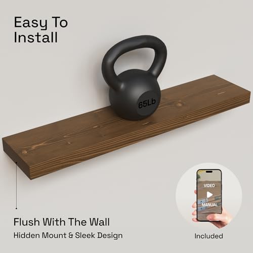 Solid Wood Floating Shelves for Wall 30 Inches Long, Walnut Wooden Shelf | Real Wood, Large Bathroom Shelf, 30 Inch, Heavy Duty, Kitchen Bedroom Rustic Farmhouse, Walnut Finish, 30W × 6.7D, Set of 2 - color: Walnut, size: 30 Inch