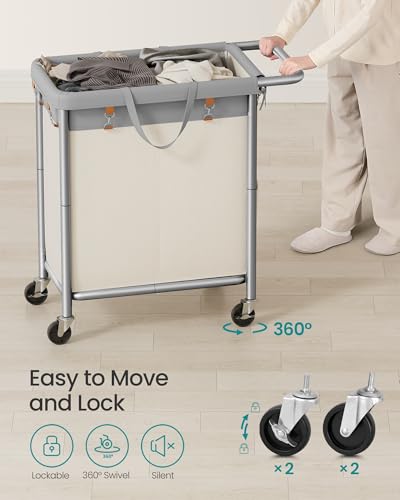 SONGMICS Laundry Basket with Wheels, 2-Section Rolling Laundry Hamper, 37 Gallons (140 L), Removable Liner, Steel Frame with Handle, 27.2 x 15.4 x 31.9 Inches, Dove Gray and Cream White URLS004GD02 - color: Dove Gray + Cream White, size: 140 L (2-Section)