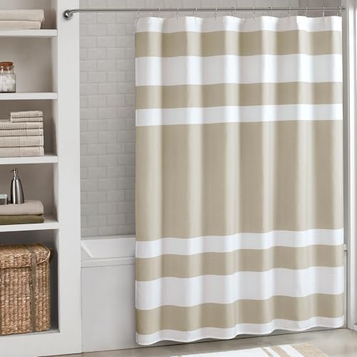 Madison Park Spa Waffle Weave Extra Long Shower Curtain, 72 x 84, Taupe | Striped, Pieced Fabric Design, 3M Scotchgard Moisture Management, Hotel Quality, Modern, for Bathroom, OEKO-TEX Certified - color: Stripe Taupe, size: 72"W x 84"L (Pack of 1)