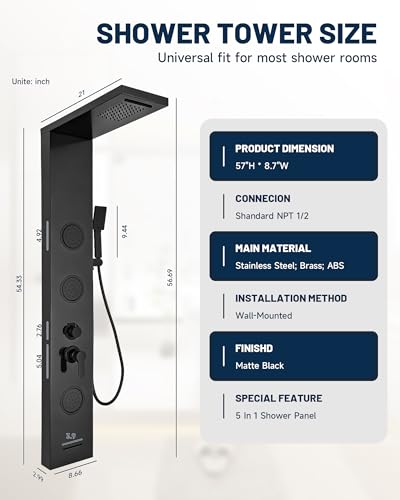 Shower Panel Tower System Rainfall Waterfall Shower Head 3 Massage Body Jet | Handheld Shower Head and Tub Spout Wall Mounted Multi-Function Bathroom Shower Panel Matte Black by Homevacious - color: Black
