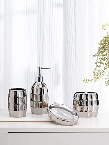 Silver Bathroom Accessory Set, Mosaic Ceramic Bathroom Accessories Set Include Lotion Dispenser, Toothbrush Holder Tumbler, and Soap Dish - color: Silver 015