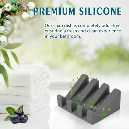 Silicone Soap Dish Self Draining with Suction Cups (Gray, 2 Pack) | Waterfall drainage design drains fast to keep soap dry silicone soap saver with reusable suction cups for bathroom & kitchen - color: Gray, size: 2