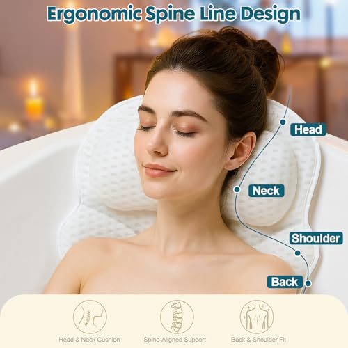 Bath Pillows for Tub – 4D Air Mesh Bathtub Pillow with Head, Neck & Shoulder Support, Larger Size Non-Slip Tub Pillow for Bathtub & Jacuzzi, Bath Tub Pillow with Wash Bag, Gift for Women & Men