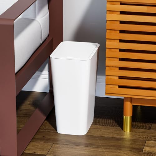 Yieach 12L White Slim Bathroom Trash Can with Lid,3.17 Gallon Pet/Dog Proof Kitchen Trash Can,Rectangle Thin Garbage Can,Covered Waste Basket,Narrow Small Plastic Trashcan for Room,Bedroom,Office,3PCS - color: White, size: 12L - 3 PACK