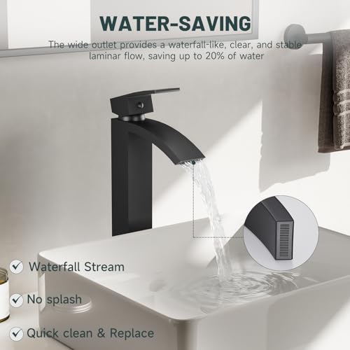 Matte Black Vessel Sink Faucet, Waterfall Bathroom Faucets | Brass, Tall Spout, Single Handle 1 Hole Bathroom Faucet, Modern Basin Taps with Supply Line, Pop Up Drain, Without Overflow - color: Matte Black, size: Tall